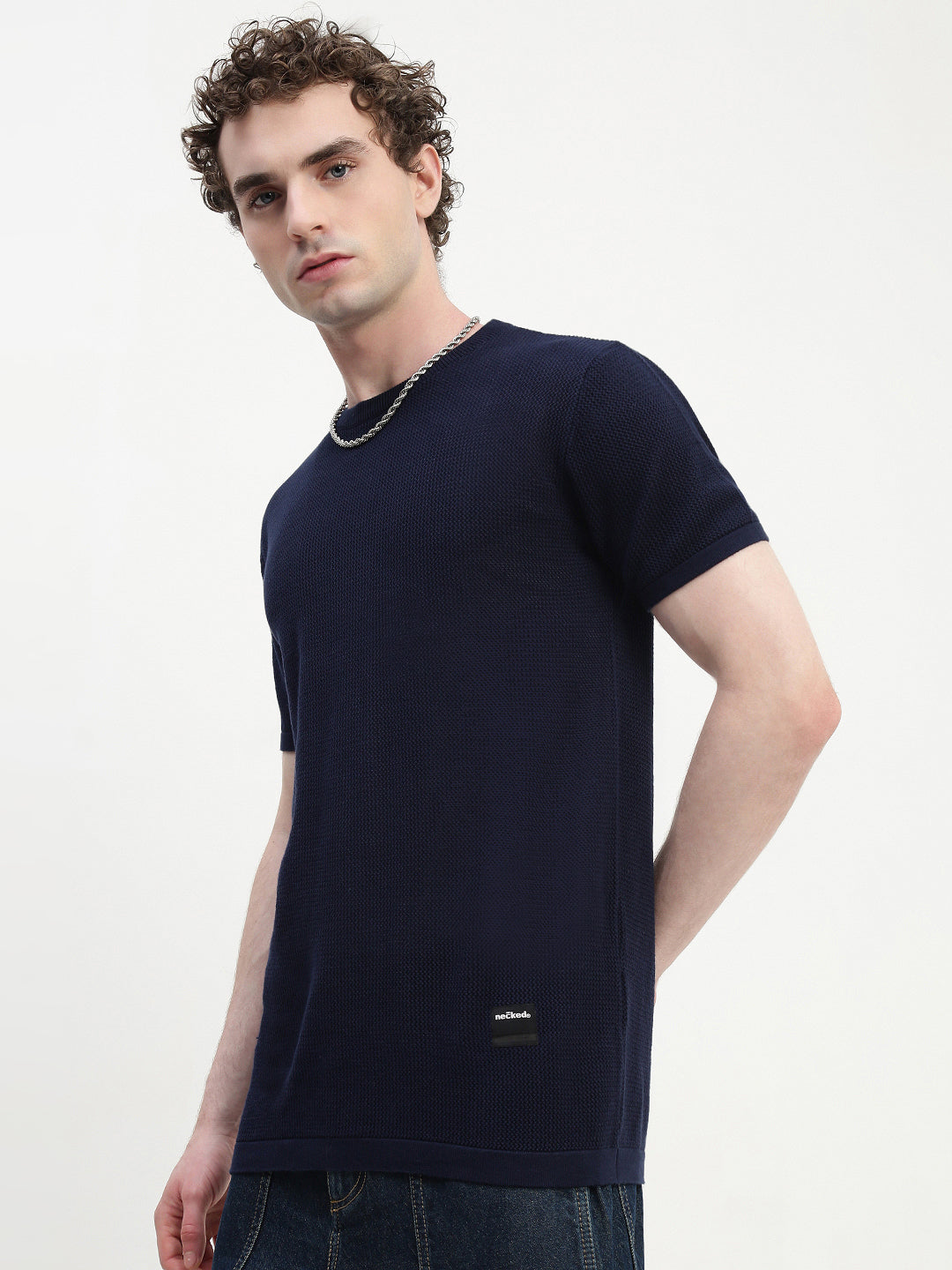Crew Neck See Through Navy Blue Cotton T-Shirt