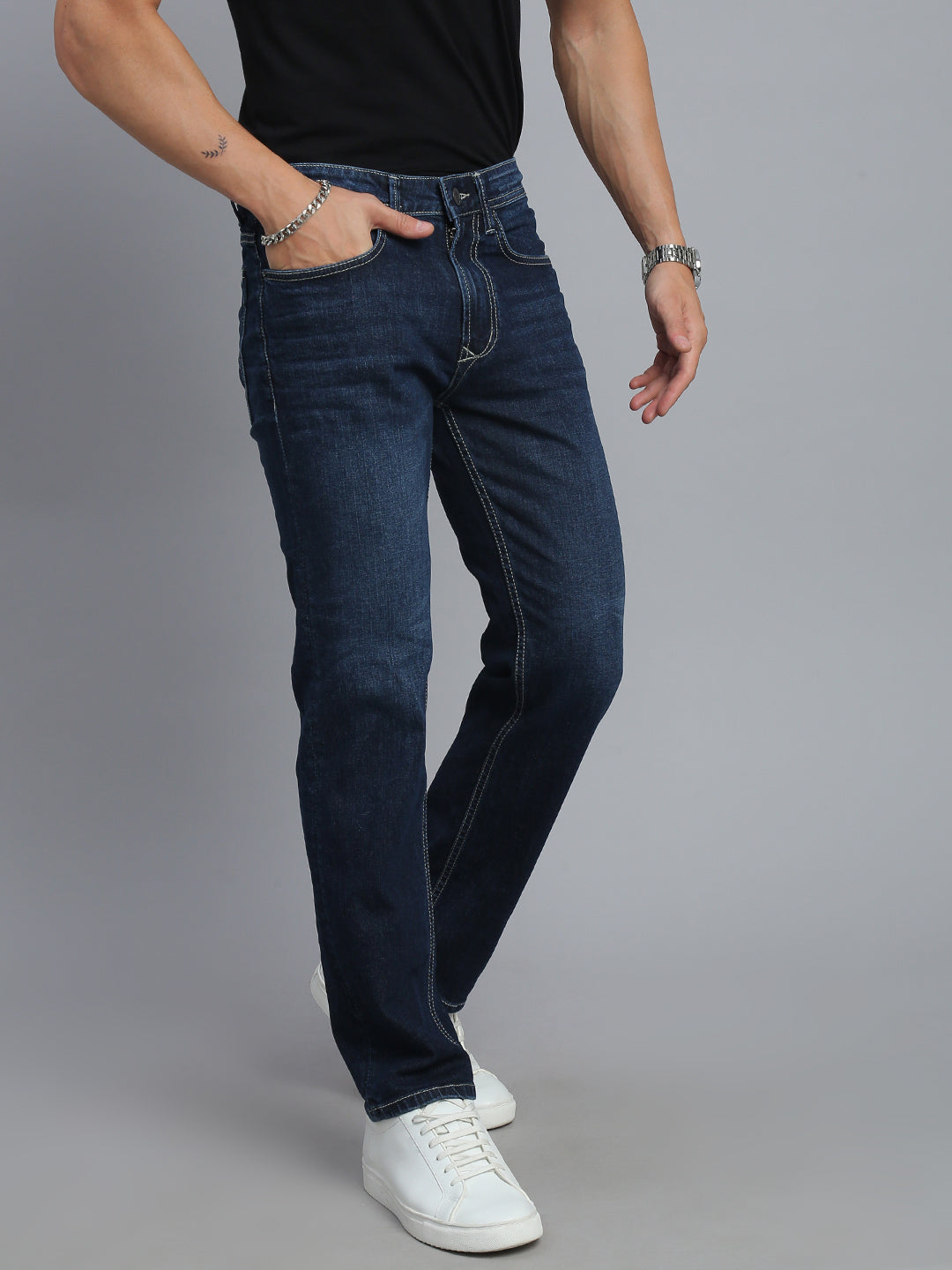 Dark Blue Regular Straight Fit Stretchable Jeans