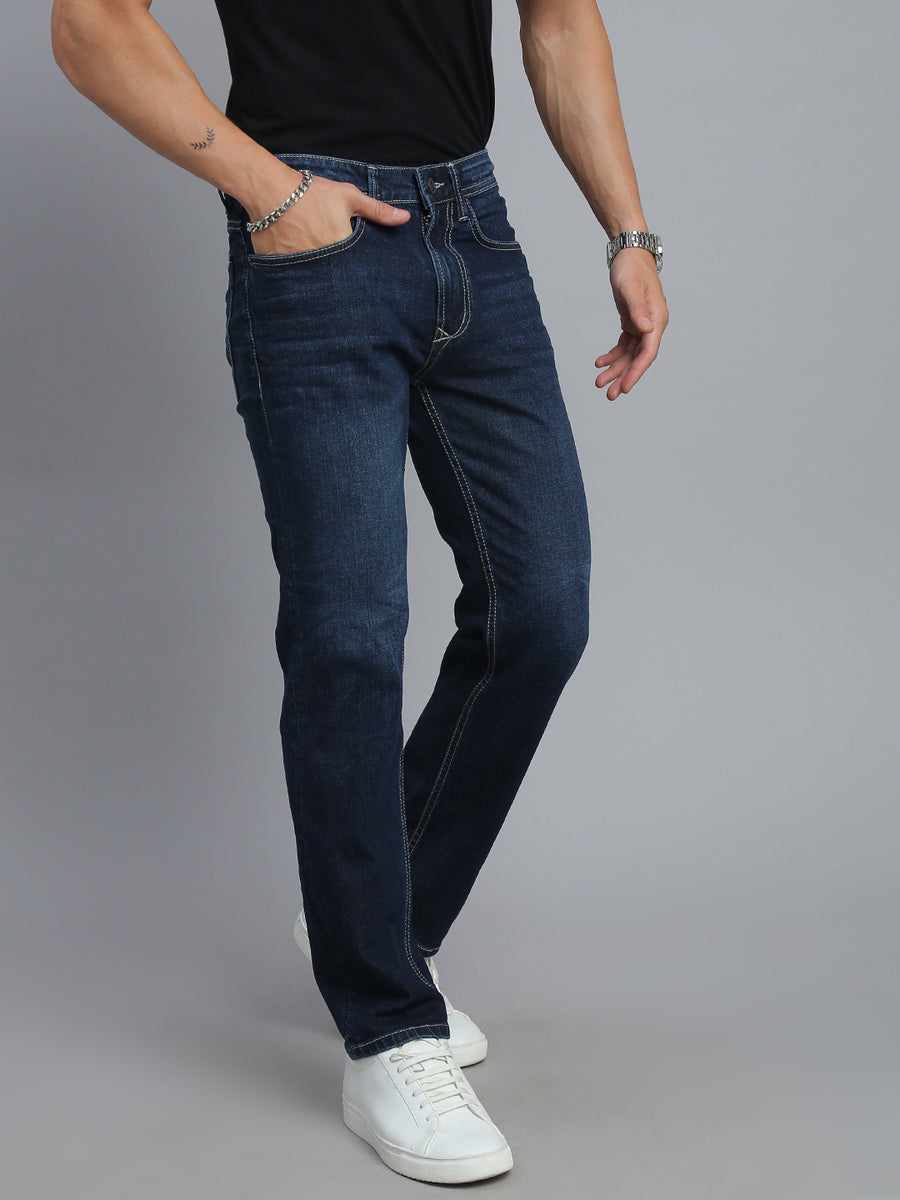 Dark Blue Regular Straight Fit Stretchable Jeans