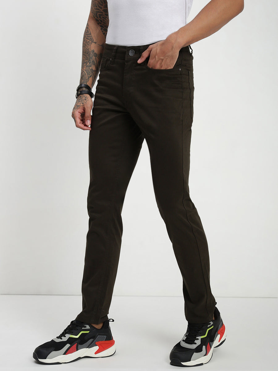 Olive Slim Fit Satin Cotton Pants