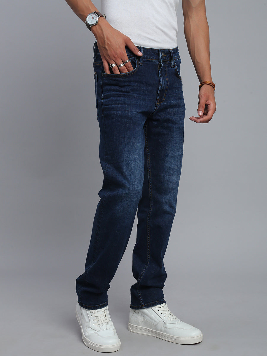 Dark Blue Regular Straight Fit Stretchable Jeans