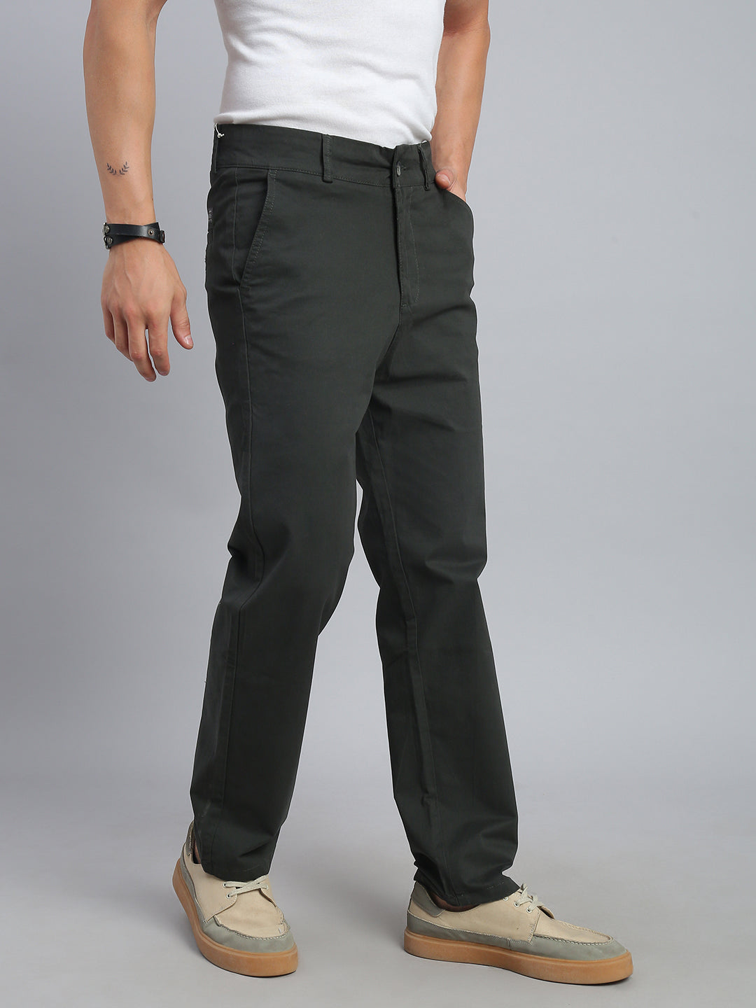 Olive Green Straight Fit Chinos Paint