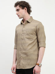 Beige Dobby Full Sleeve Slim Fit Shirt With Pocket