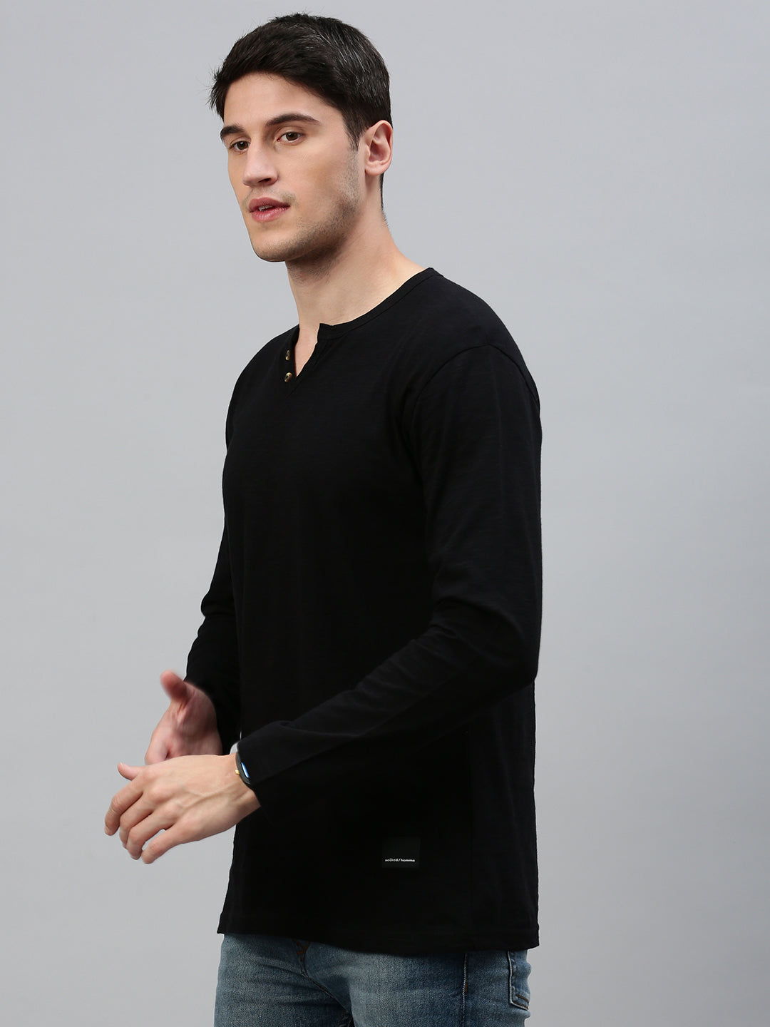 Black Henley Neck Full Sleeve t-shirt