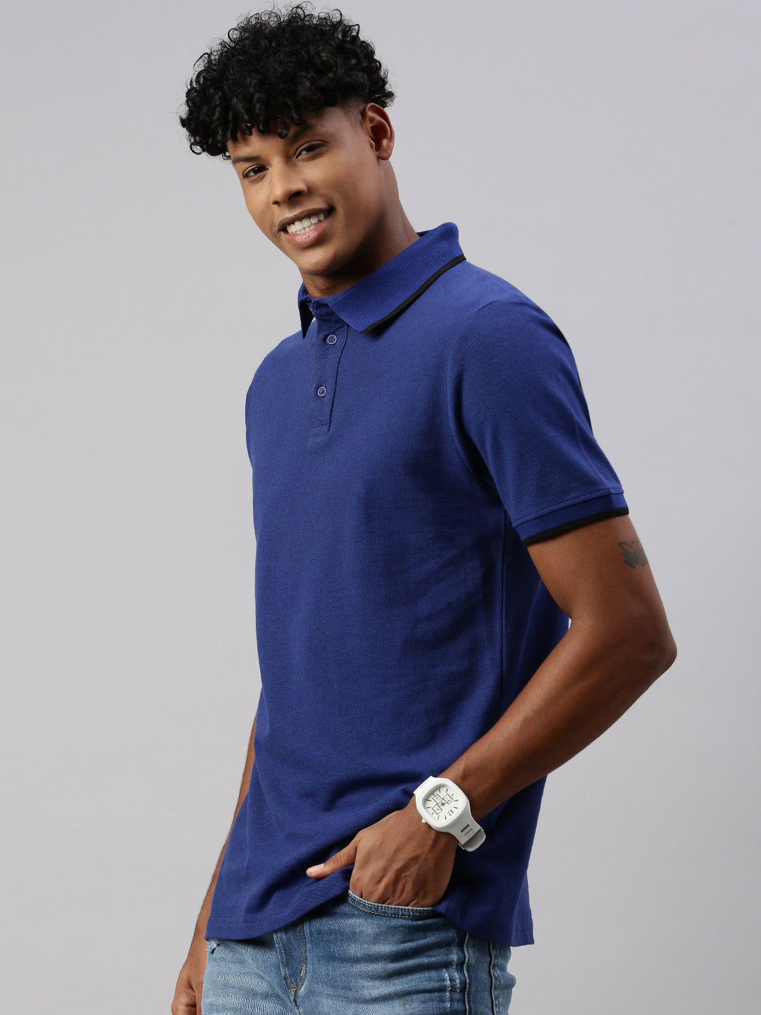 Royal Blue Polo Collar Half T-Shirt
