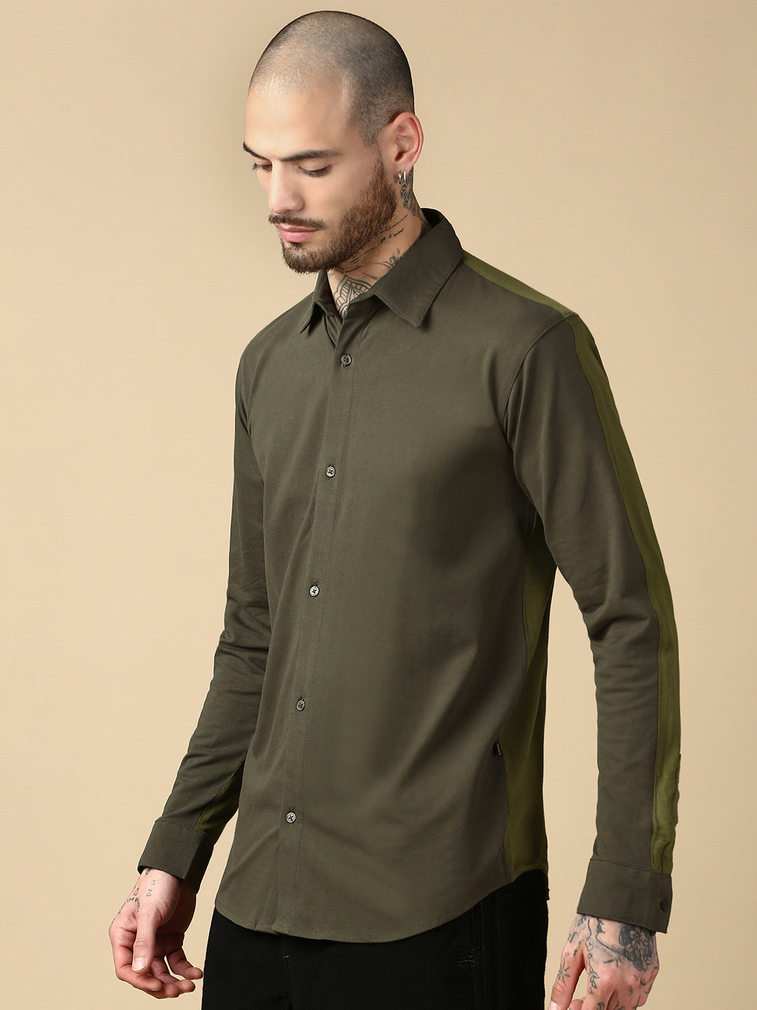Olive Green Full Sleeve Slim Fit Shirt Without Pocket