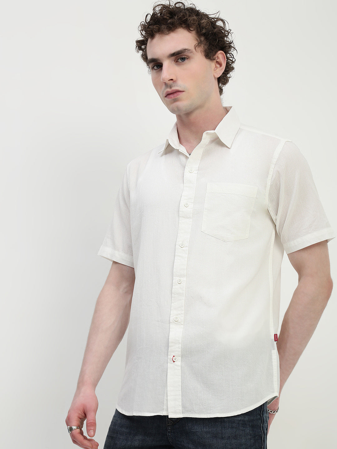Off White Half Sleeve Relsx Fit Shirt With Pocket