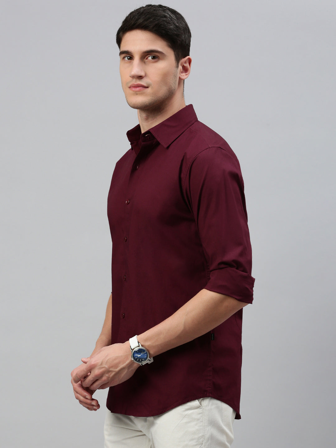 Maroon Solid Poplin Stretch Shirt Without Pocket