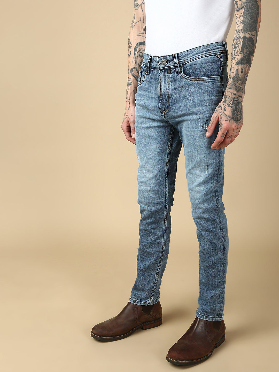 Light Blue Ripped Straight Stretchable Jeans