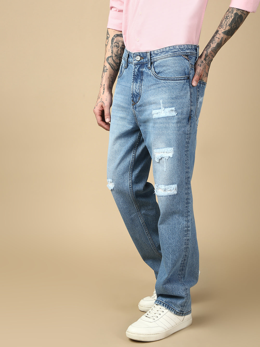 Light Blue Ripped Straight Stretchable Jeans