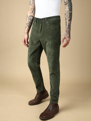 Dark Olive Green Corduray Baggt Fit Stretchable Jeans