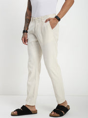 Cream Relax Fit Cross Pocket Cotton Linen  Pants
