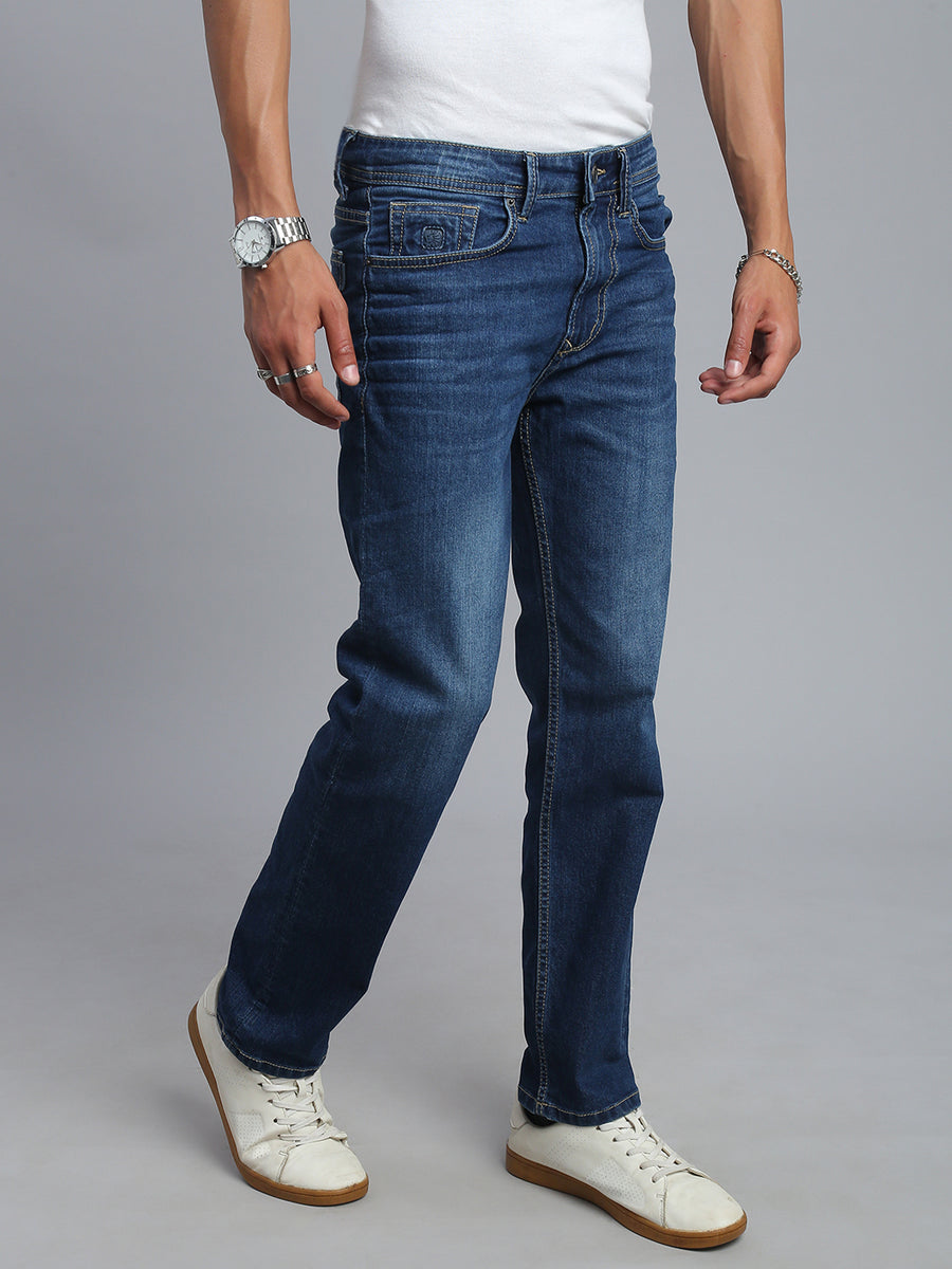 Dark Blue Regular Straight Fit Stretchable Jeans