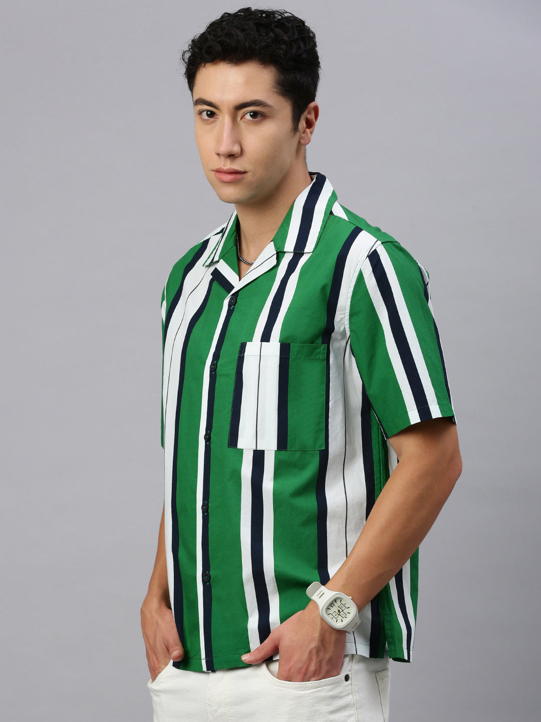 Stripe Half Sleeve Oversize Shirt With Pocket