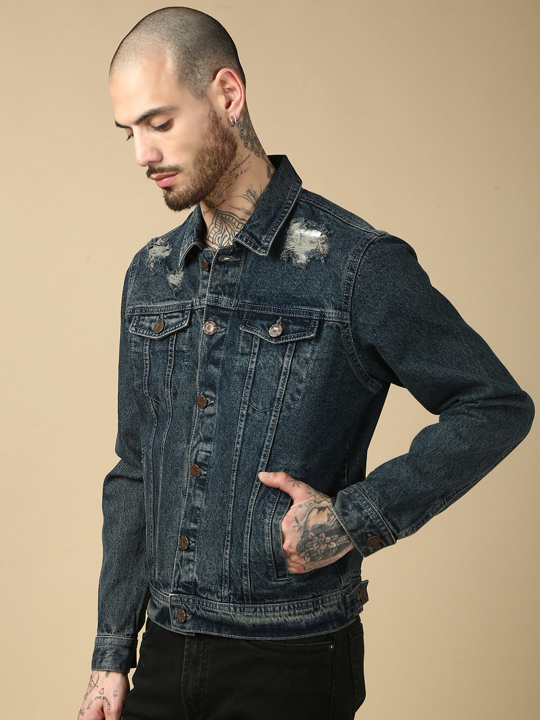 Vintage Blue Repeed Slim Fit Denim Jacket