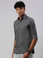 Gray Solid Poplin Stretch Shirt Without Pocket