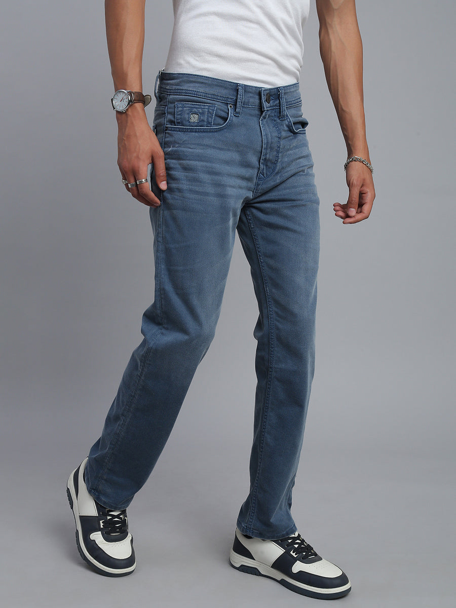 Light Indigo Blue Regular Straight Fit Stretchable Jeans