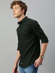 Dark Green Honey Comb Dobby Weave Stretchable Shirt With Patch Pocket
