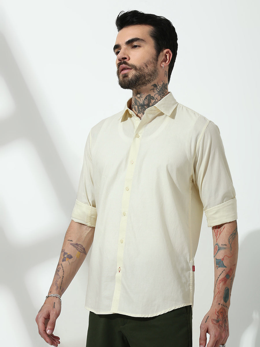 Cream Full Sleeve Slim Fit Shirt Without Pocket