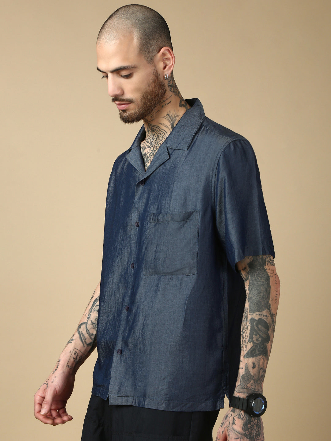 Denim Blue Half Sleeve Oversize Shirt With Pocket