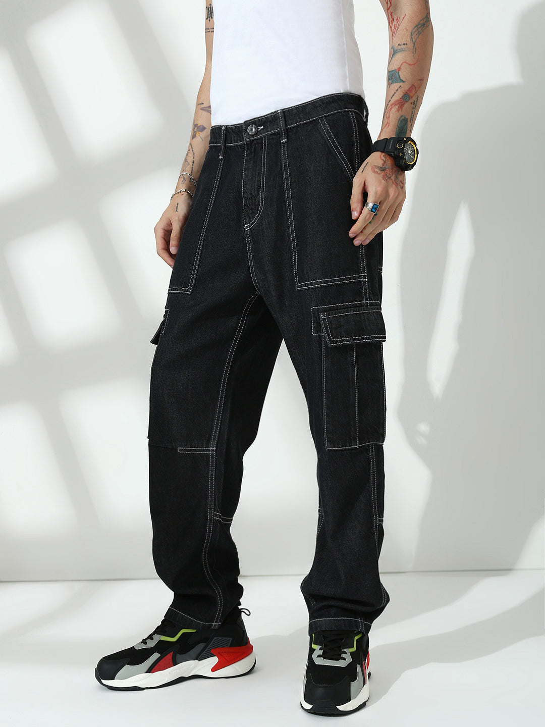 Black Front Patch Pocket Loos Fit Cargo Paint