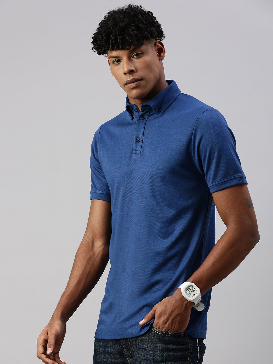 Royal Blue Down Button Polo Collar T-Shirt