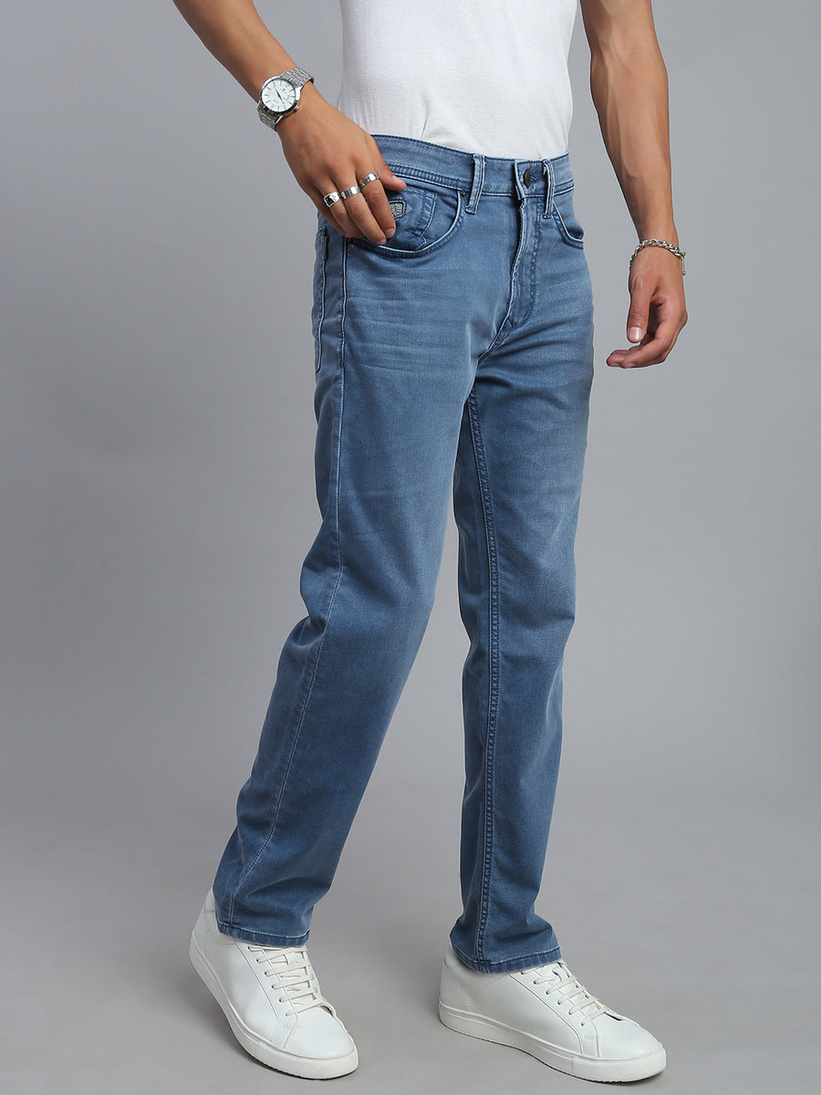 Ice Blue Regular Straight Fit Stretchable Jeans