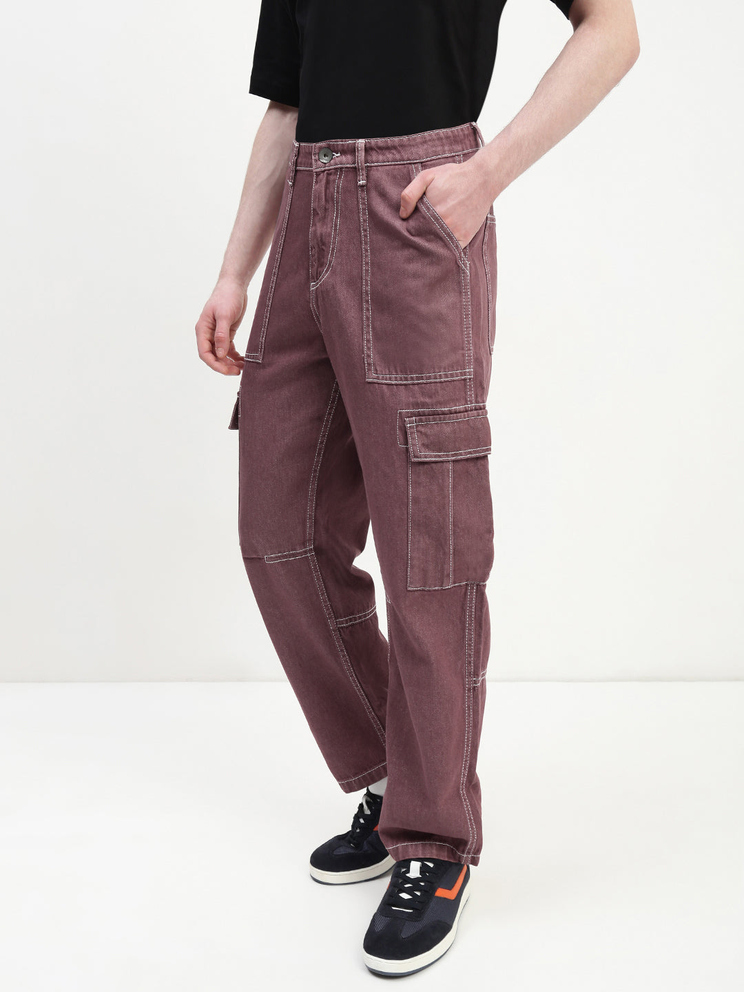 Wine Red Front Patch Pocket Loos Fit Cargo Paint