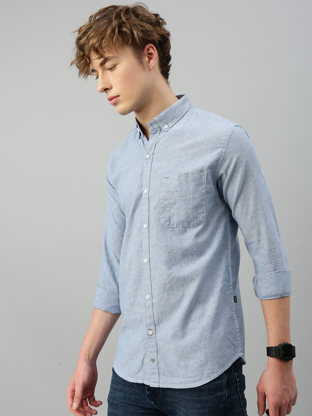 Sky Blue Oxford Stripe Shirt With Patch Pocket