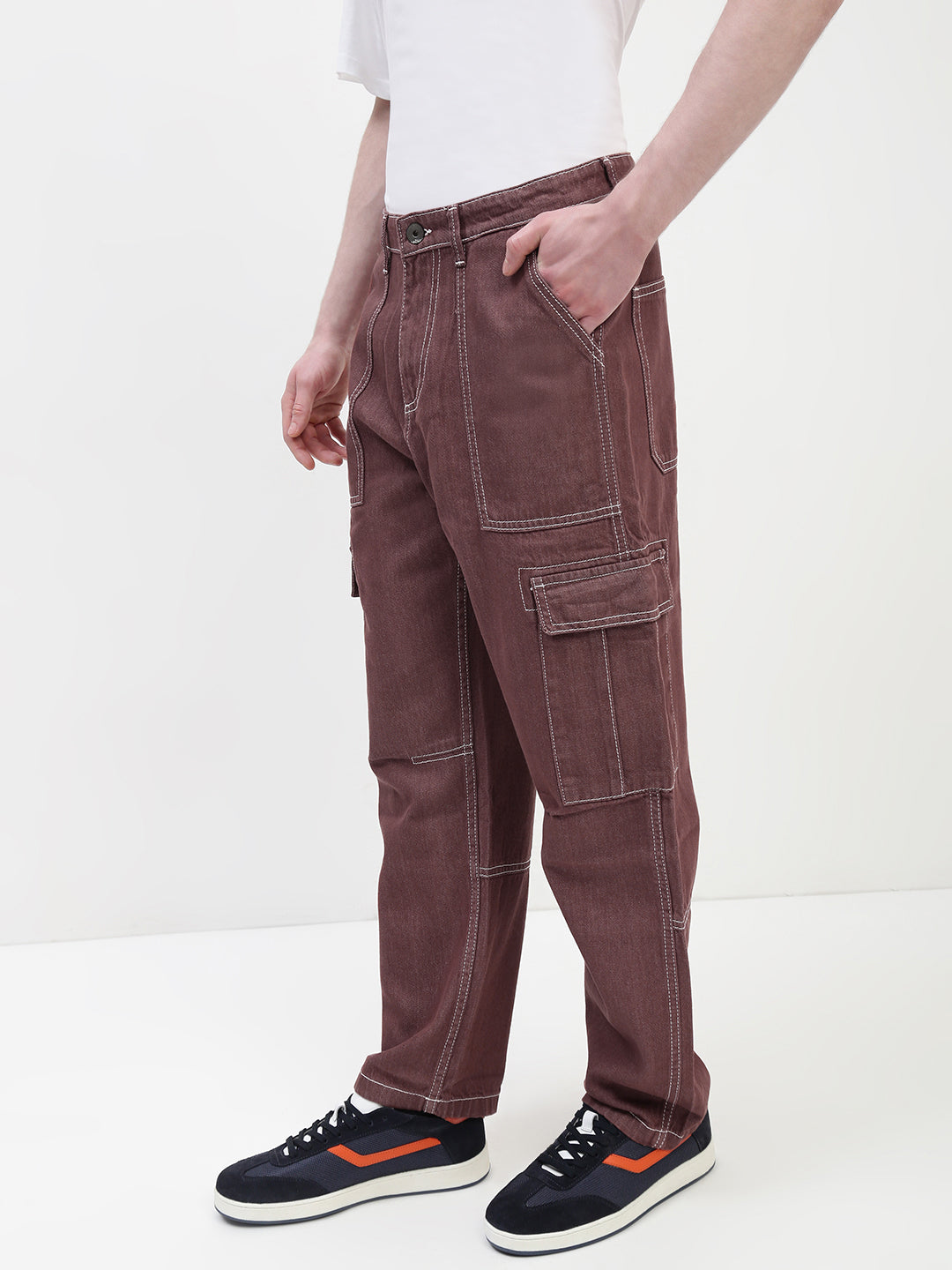 Red Brown Front Patch Pocket Loos Fit Cargo Paint