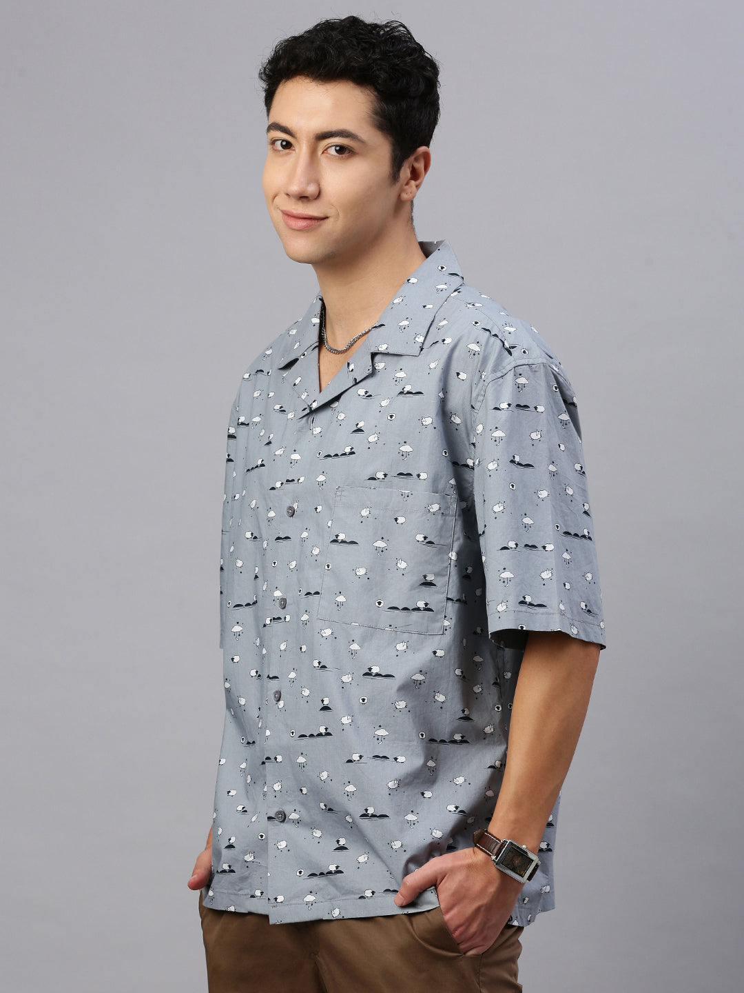 Printed Half Sleeve Oversize Shirt With Pocket
