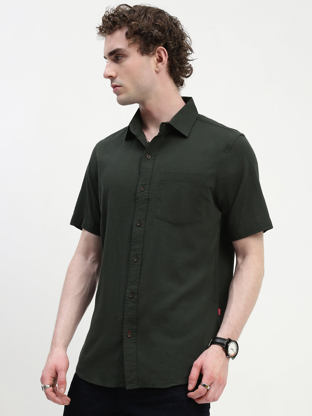 Olive Green Half Sleeve Relsx Fit Shirt With Pocket