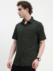 Olive Green Half Sleeve Relsx Fit Shirt With Pocket