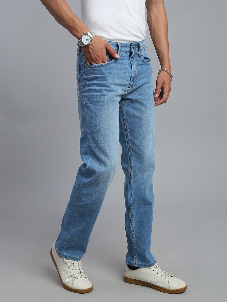 Sky Blue Regular Straight Fit Stretchable Jeans