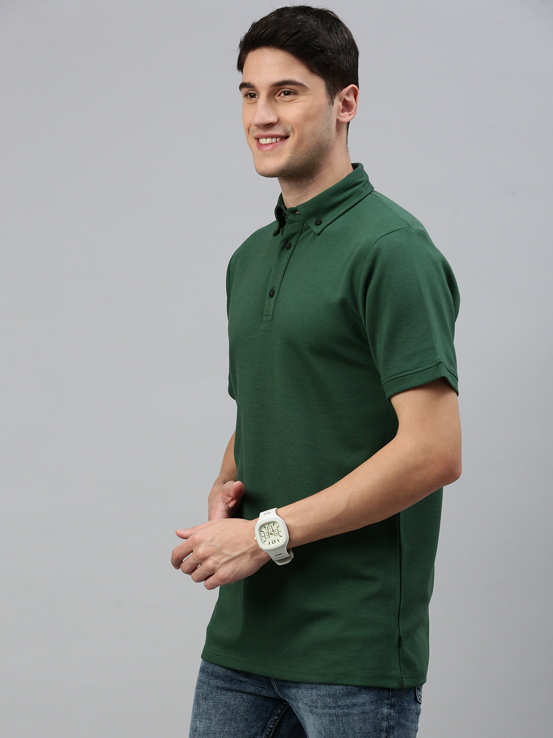 Green Down Button Polo Collar T-Shirt