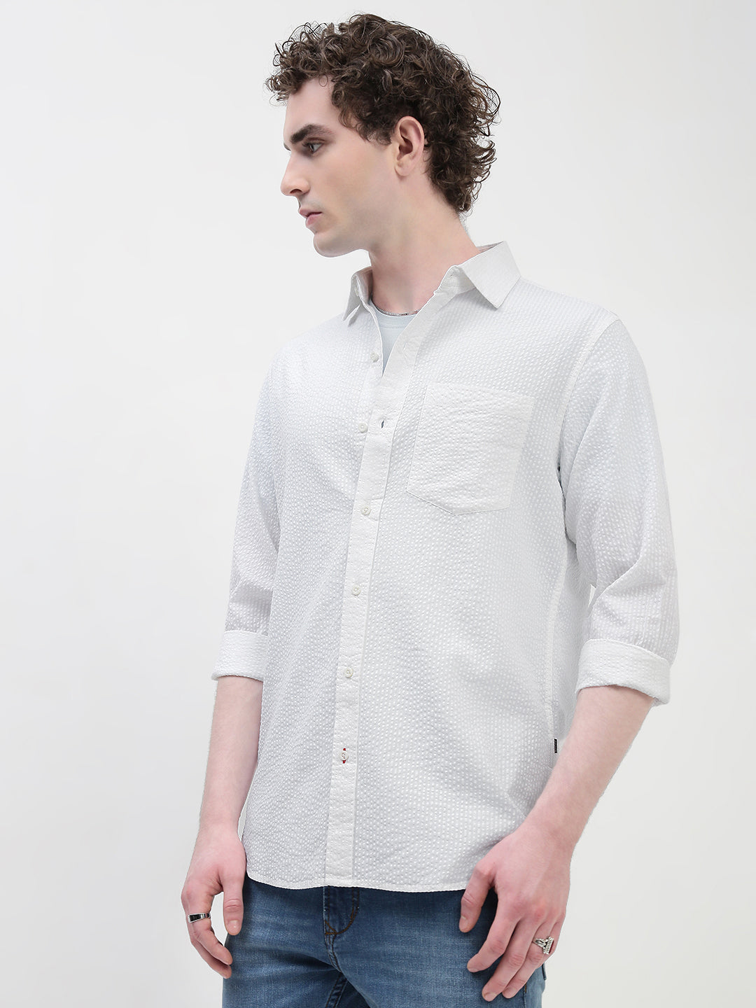 Seersucker White Full Sleeve Relsx Fit Shirt With Pocket