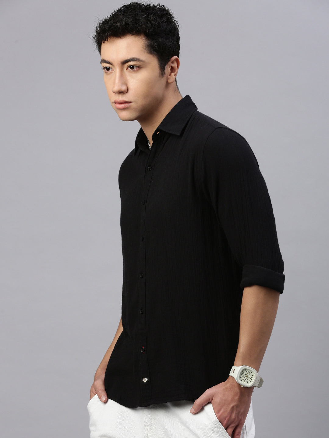Black Doble Cloth Cotton Shirt Without Pocket