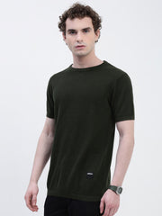 Crew Neck See Through Olive Cotton T-Shirt