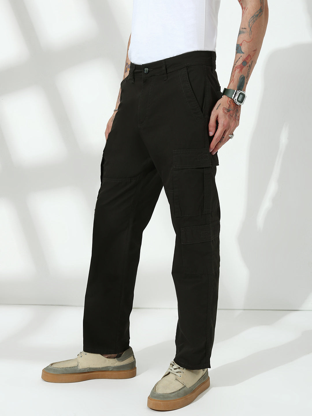 Olive Green 9 Pocket Regular Fit Cargo Paint