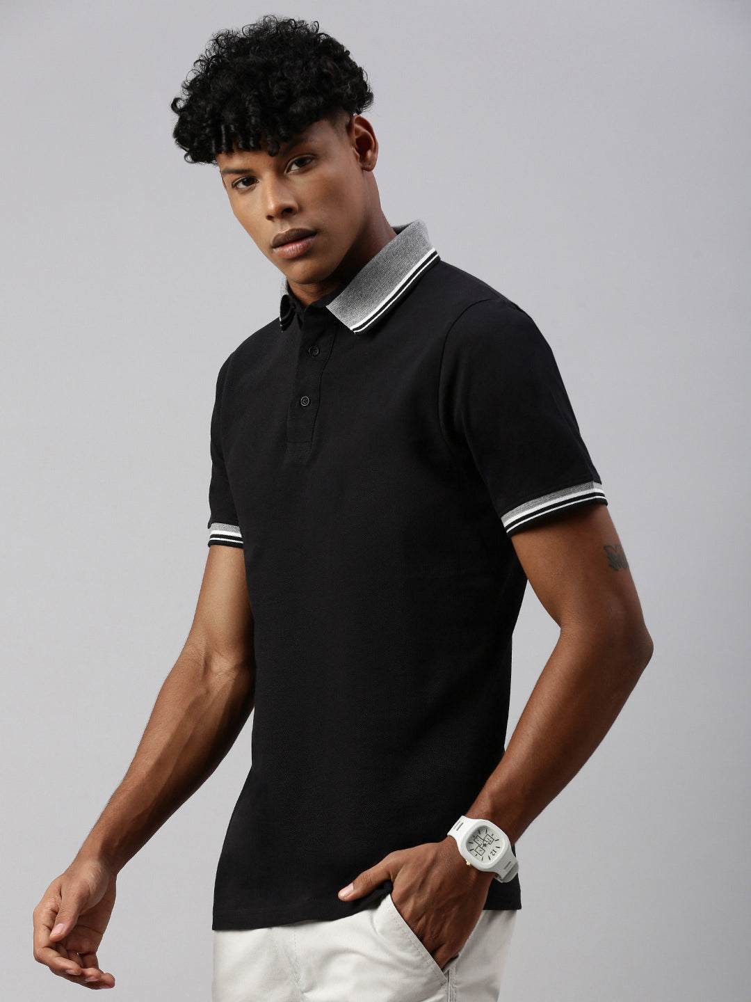 Black  Polo Collar Half T-Shirt