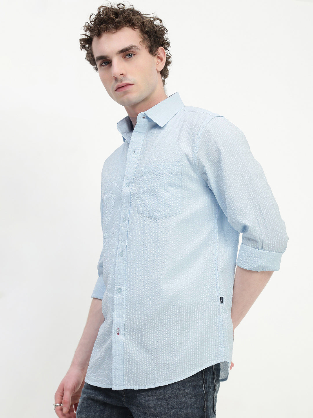 Seersucker Sky Full Sleeve Relsx Fit Shirt With Pocket