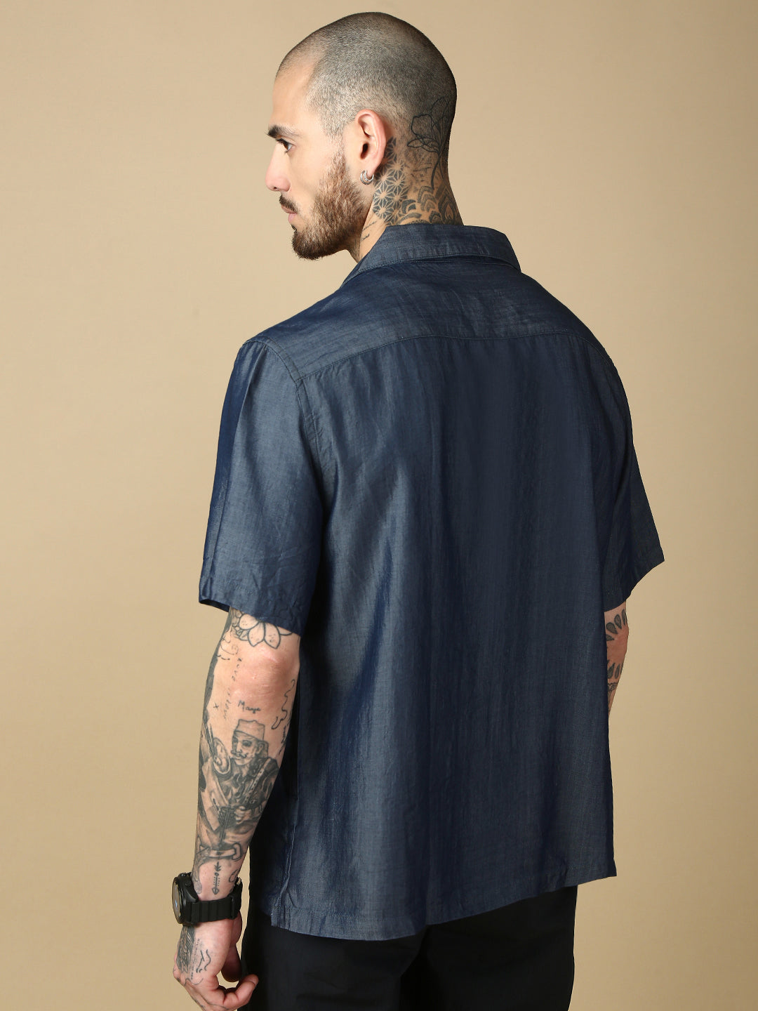 Denim Blue Half Sleeve Oversize Shirt With Pocket