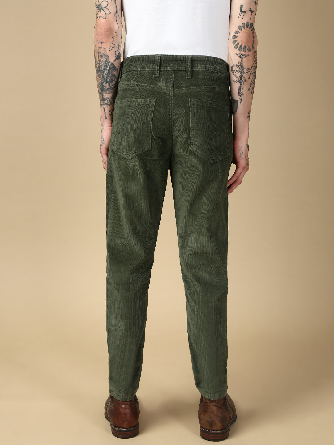 Dark Olive Green Corduray Baggt Fit Stretchable Jeans