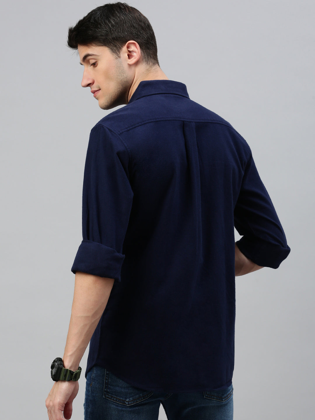 Navy Blue Brushing Cotton Shirt With Double Pocket