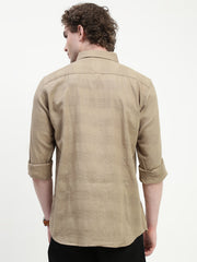 Beige Dobby Full Sleeve Slim Fit Shirt With Pocket