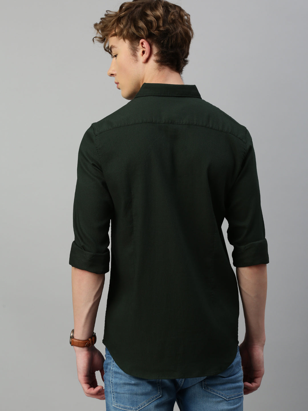 Dark Green Honey Comb Dobby Weave Stretchable Shirt With Patch Pocket