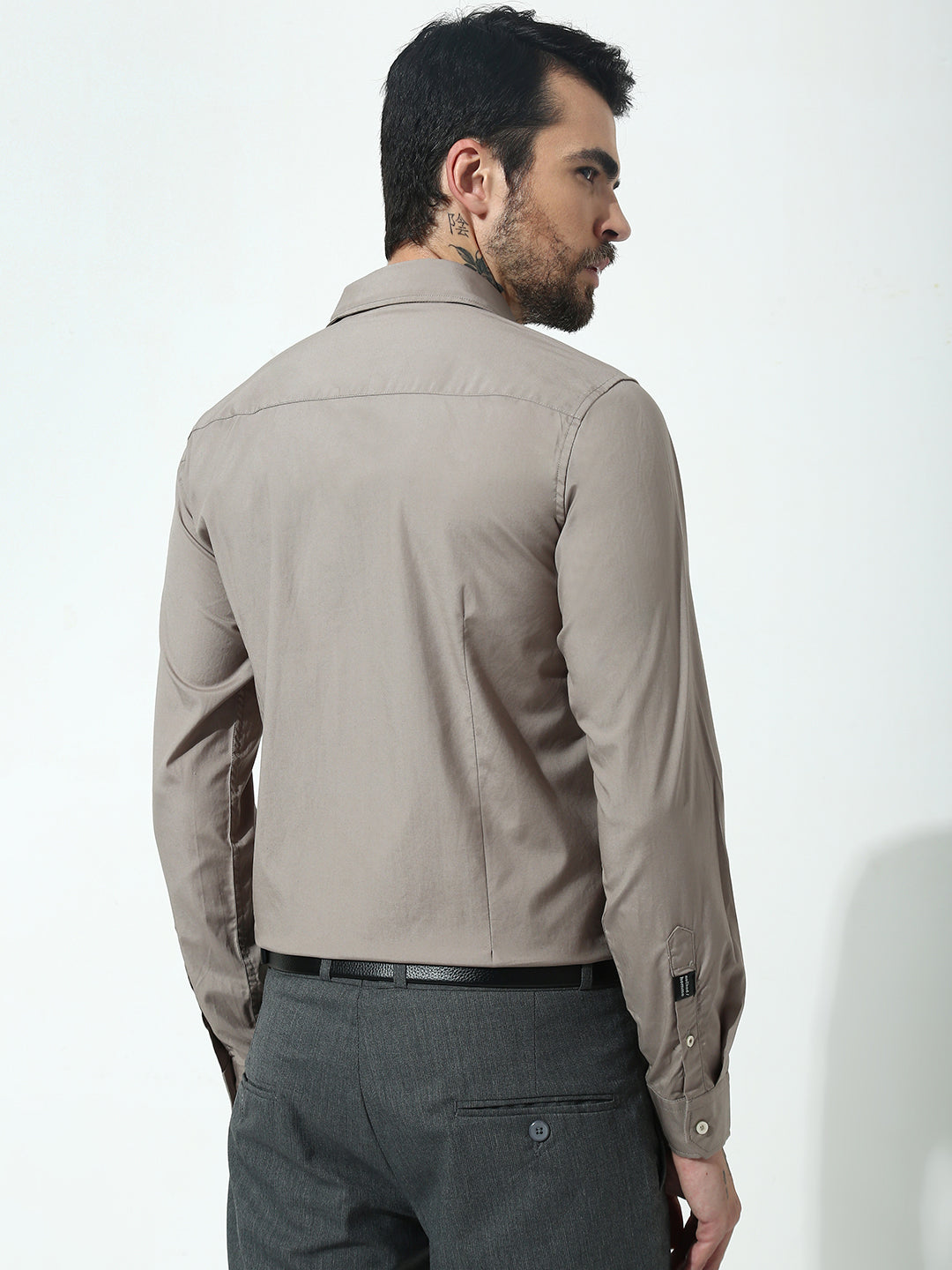 Beige Full Sleeve Slim Fit Shirt Without Pocket