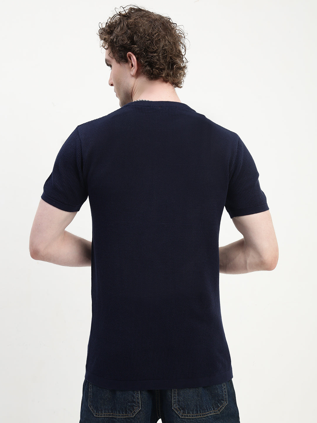 Crew Neck See Through Navy Blue Cotton T-Shirt
