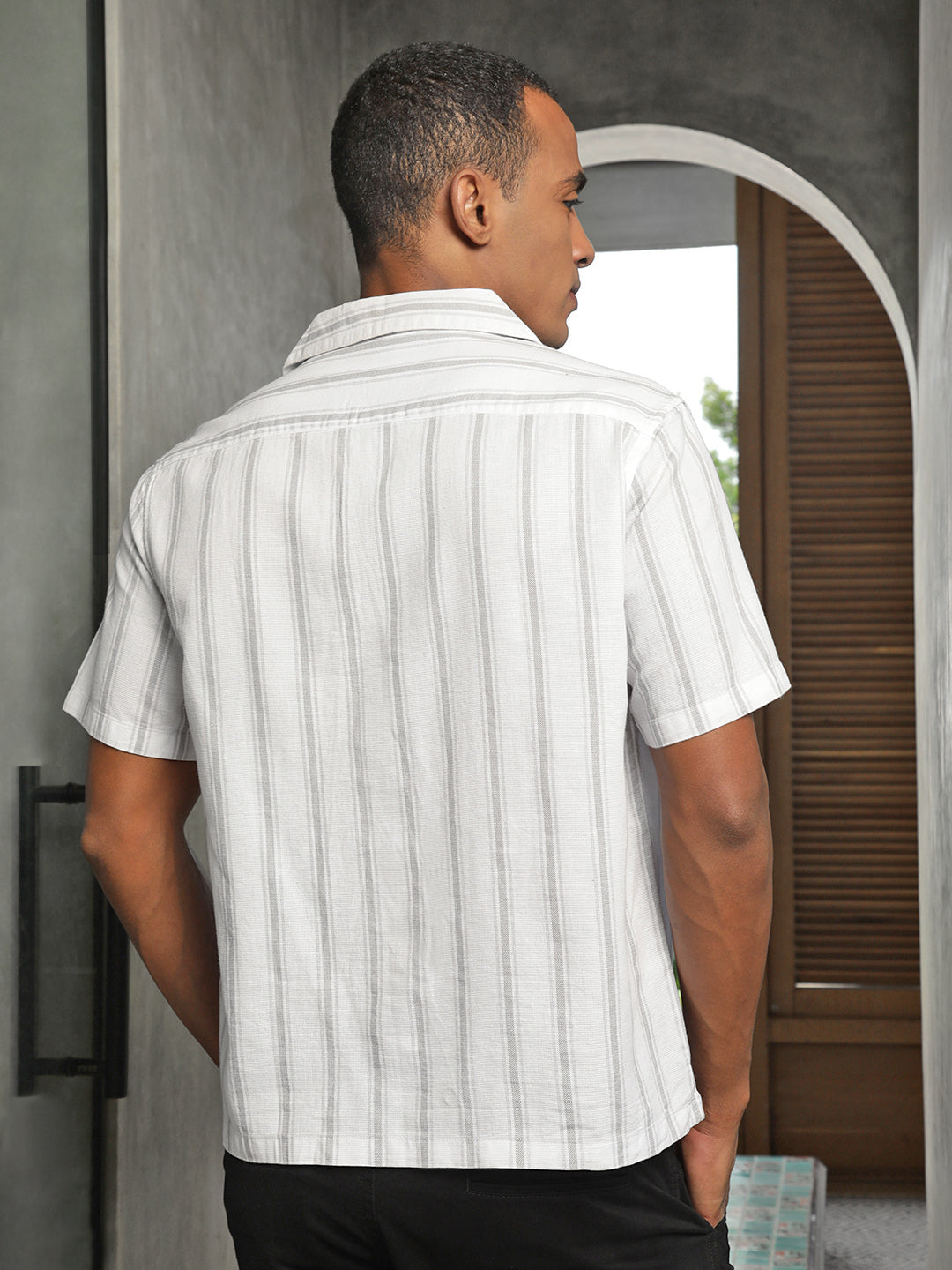 Self Stripe Half Sleeve Oversize Shirt With Pocket