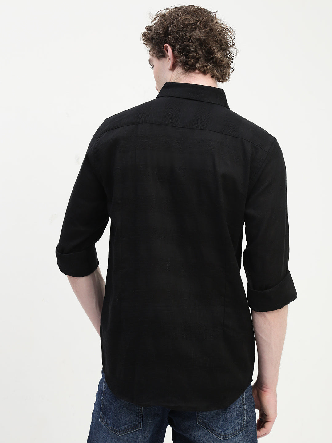 Black Dobby Full Sleeve Slim Fit Shirt With Pocket